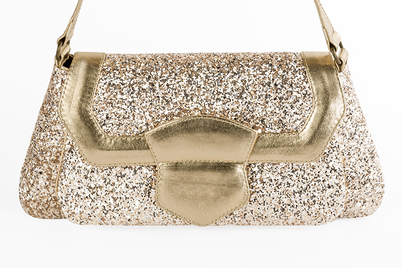 Gold women's dress handbag, matching pumps and belts. Profile view - Florence KOOIJMAN